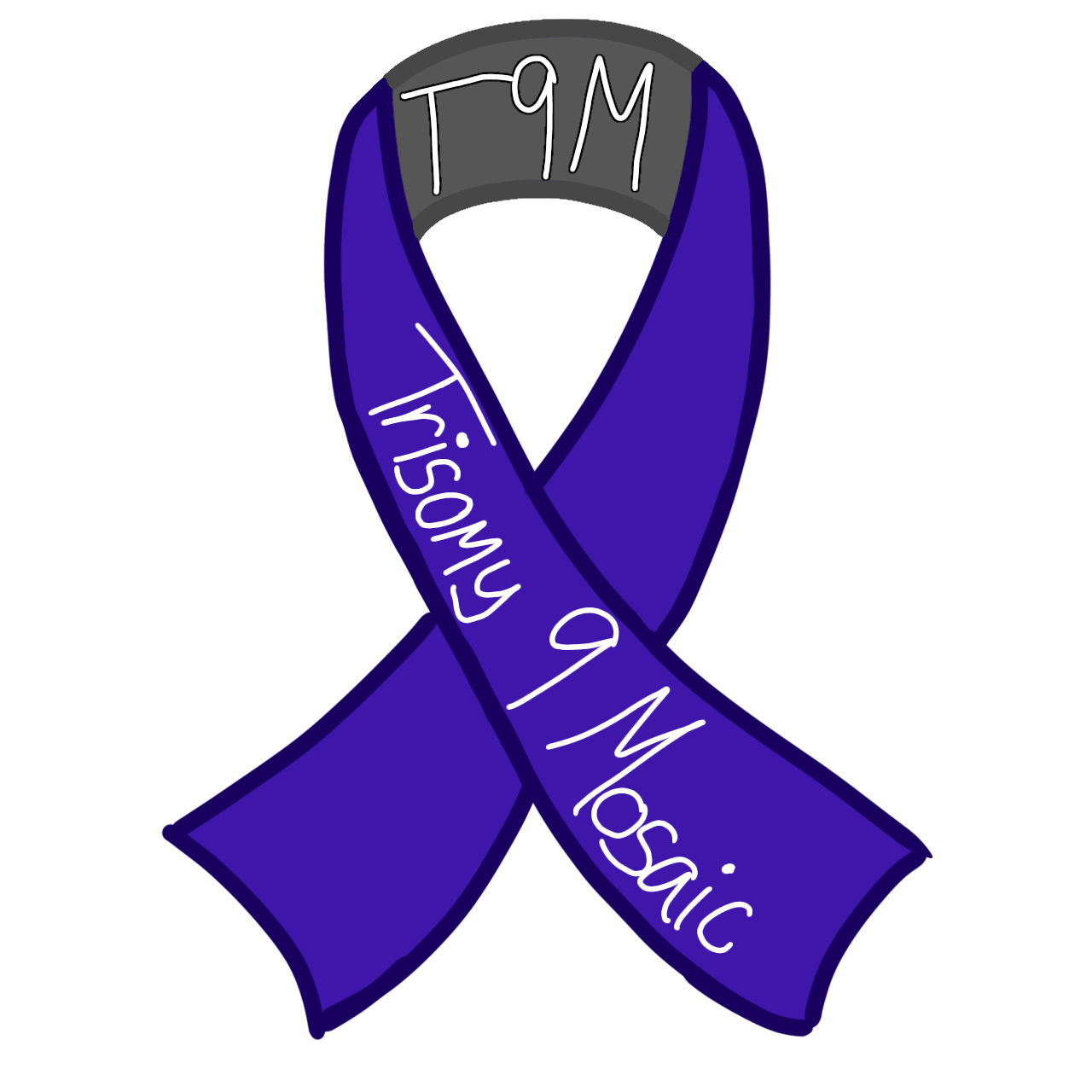 A transparent png image of a flat-colored ribbon. It is folded over itself in a manner similar to what awareness ribbons like the one for breast cancer are, where both the silver inside and purple exterior are visible at once.  There is the text 'T 9 M' inside the silver portion and 'Trisomy 9 Mosaic' on the overlapping left-handed purple portion.